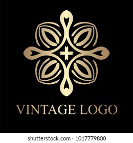 Vintage golden logo template. Vector logotype element, retro label, badge
