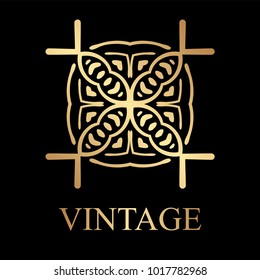 Vintage golden logo template. Vector logotype element, retro label, badge