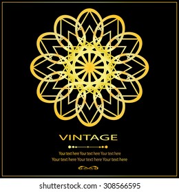 Vintage golden mandala vector object on black background. Abstract element. Can be used for invitation, wedding card, Royal vector design element.