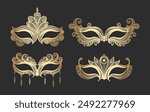 Vintage Golden mask set. Masquerade masks isolated on black vector illustration