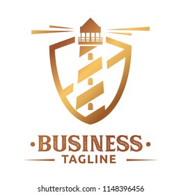 Vintage Golden Nautical Lighthouse Logo Design