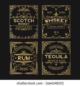 Vintage golden ornate labels set with lettering for pub. Hand drawn premium gold alcohol frames for tequila, rum, scotch, whiskey bottles in drink bar.