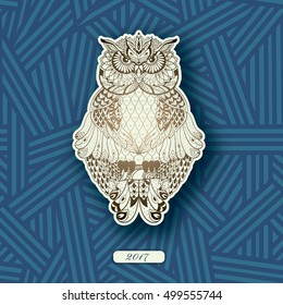 Vintage golden  OWL on seamless blue pattern of lines 