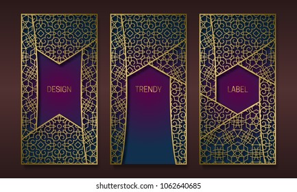 Vintage golden packaging design in oriental style. Set of ornate labels templates for trendy goods. Arabesque backgrounds with beautiful patterned frames.