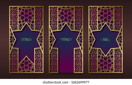 Vintage golden packaging design in oriental style. Set of ornate labels templates for trendy goods. Arabesque backgrounds with beautiful patterned frames.