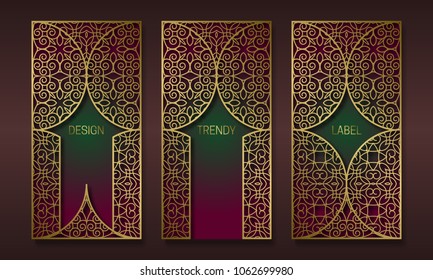 Vintage golden packaging design in oriental style. Set of ornate labels templates for trendy goods. Arabesque backgrounds with beautiful patterned frames.