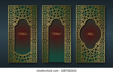 Vintage golden packaging design in oriental style. Set of ornate labels templates for trendy goods. Arabesque backgrounds with beautiful patterned frames.