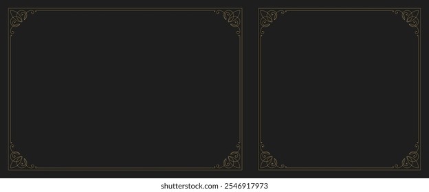 Vintage golden premium floral motif ornate frame with corner set vector illustration. Elegant luxury old style classical Victorian swirl squared rectangle border for wedding invitation label cover