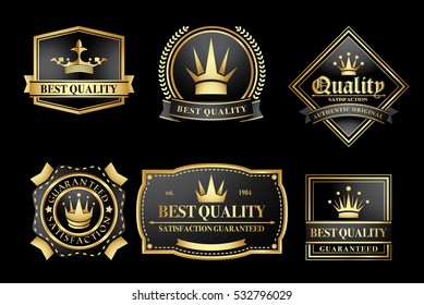 vintage golden premium quality label set with gold crowns in black

