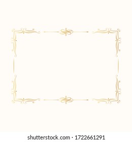 Vintage golden rectangular frame. Vector isolated swirl page ornament. Royal wedding invitation card template. Ornate filigree gold border. 