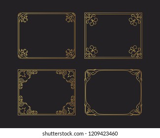 Vintage golden rectangular hand drawn frames set, vector isolated glitter flourish design elements. 