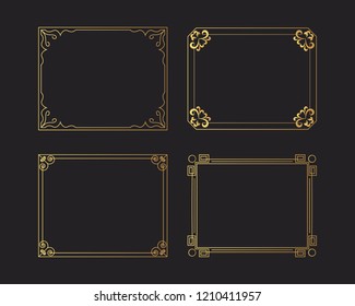 Vintage golden rectangular hand drawn wedding frames set, vector isolated glitter flourish design elements.