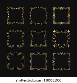 Vintage golden rectangular hand drawn wedding frames set. Vector isolated glitter flourish design elements. Gold borders.