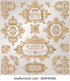 Vintage golden retro frames collection, ornate decorative elements, calligraphic ornaments. Labels and badges set with glossy swirls for wedding invitations, page decor, cards, certificates, diplomas