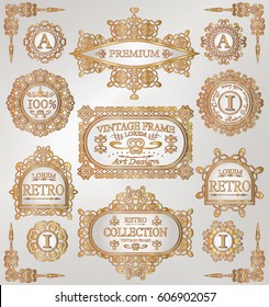 Vintage goldene Retro-Rahmen-Kollektion, verzierte dekorative Elemente, kalligraphische Ornamente. Etiketten, Medaillons, Abzeichen mit glänzenden Wirbel für Hochzeitseinladungen, Seitendekoration, Karten, Diplome, Menü