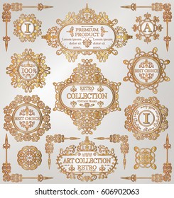 Vintage golden retro frames collection, ornate decorative elements, calligraphic ornaments. Labels, medallions, badges set with glossy swirls for wedding invitations, page decor, cards, diplomas, menu