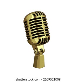 Vintage Golden Retro Michrophone Realistic. Old School Hanging Mic Vector Illustration. Classic Style Metallic Microphone. Voice Recorder. Sound Technology On White Background
