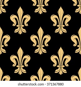 Vintage golden royal fleur-de-lis seamless pattern of elegant floral scrolls on black background. Luxury wallpaper or medieval stylized interior design usage