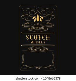 Vintage golden scotch whiskey label for bottle with lettering. Hand drawn gold alcohol frame typography border. 