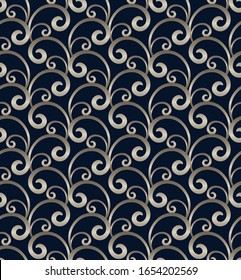 Vintage golden scroll pattern with floral swirls in rococo style. Elegant seamless ornamental texture on dark blue background. Vector illustration.