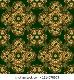 Vintage golden seamless pattern, golden floral ornament brocade textile pattern, glass pattern, gold metal with floral elements on green background.