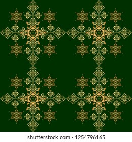 Vintage golden seamless pattern, golden floral ornament brocade textile pattern, glass pattern, gold metal with floral elements on green background.