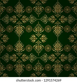 Vintage golden seamless pattern, golden floral ornament brocade textile pattern, glass pattern, gold metal with floral elements on green background.