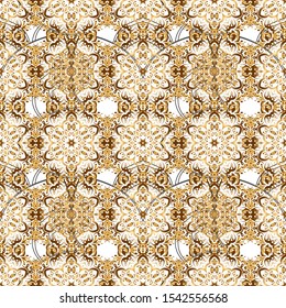 Vintage golden seamless pattern, golden floral ornament brocade textile pattern, glass pattern, gold metal with floral elements on background.