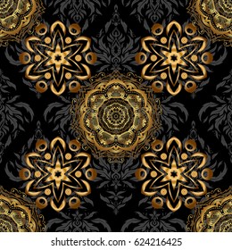 Vintage golden seamless pattern, golden floral ornament brocade textile pattern, glass pattern, gold metal with floral elements on black background.
