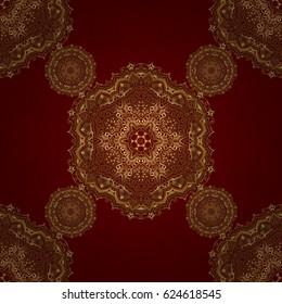 Vintage golden seamless pattern, golden floral ornament brocade textile pattern, glass pattern, gold metal with floral elements on red background.