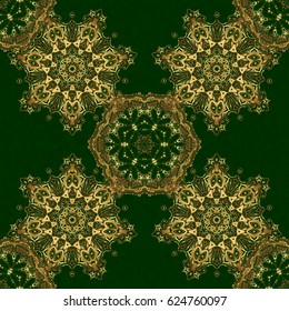 Vintage golden seamless pattern, golden floral ornament brocade textile pattern, glass pattern, gold metal with floral elements on green background.