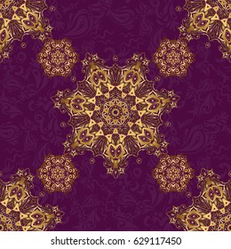 Vintage golden seamless pattern, golden floral ornament brocade textile pattern, glass pattern, gold metal with floral elements on purple background.