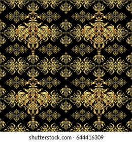 Vintage golden seamless pattern, golden floral ornament brocade textile pattern, glass pattern, gold metal with floral elements on black background.