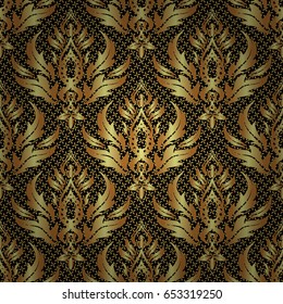 Vintage golden seamless pattern, golden floral ornament brocade textile pattern, glass pattern, gold metal with floral elements on black background.