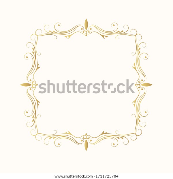 Vintage golden square frame. Vector isolated swirl page\
ornament. Royal wedding invitation card template. Ornate filigree\
gold border. 
