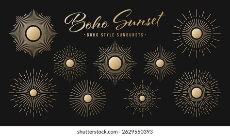 Vintage golden sunburst, sunset beams collection. Boho style, modern minimalist bohemian design. Hand drawn bursting sun, light rays. Logotype or lettering retro design element. Vector illustration