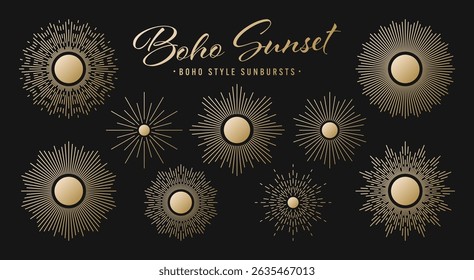 Vintage golden sunburst, sunset beams collection. Boho style, modern minimalist bohemian design. Hand drawn bursting sun, light rays. Logotype or lettering retro design element. Vector illustration