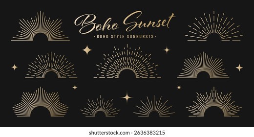 Vintage golden sunburst, sunset beams collection. Boho style, modern minimalist bohemian design. Hand drawn bursting sun, light rays. Logotype or lettering retro design element. Vector illustration