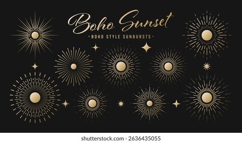 Vintage golden sunburst, sunset beams collection. Boho style, modern minimalist bohemian design. Hand drawn bursting sun, light rays. Logotype or lettering retro design element. Vector illustration