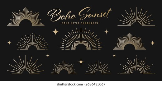 Vintage golden sunburst, sunset beams collection. Boho style, modern minimalist bohemian design. Hand drawn bursting sun, light rays. Logotype or lettering retro design element. Vector illustration