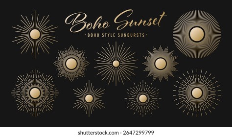 Vintage golden sunburst, sunset beams collection. Boho style, modern minimalist bohemian design. Hand drawn bursting sun, light rays. Logotype or lettering retro design element. Vector illustration
