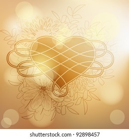 Vintage golden valentine card with heart and garden flowers