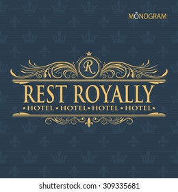 Vintage golden vector monogram and heraldic seamless texture. The past. 
Elegant emblem for hotels, restaurants, bars, and public institutions. The logo on brochures, presentations, invitation cards.
