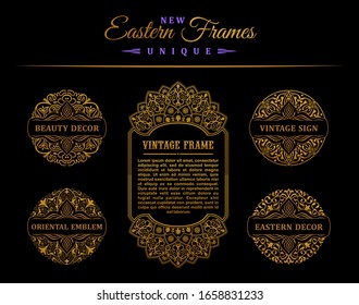Vintage goldene Vektorillustration Set. Östliche Retrokarten. Template Begrüßungseinladung. Kalligraphische Linienrahmen. Blumengravierende Designetiketten, die Werbung für den Text. Blüten, goldener Hintergrund