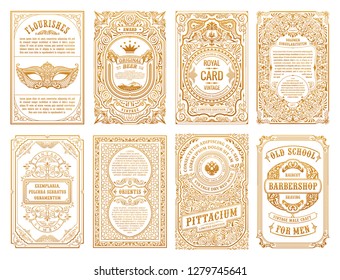 Vintage golden vector set retro cards. Template greeting card border wedding invitation. Line calligraphic frames. Floral engraving design label advertising place for text. Flourish ornate background