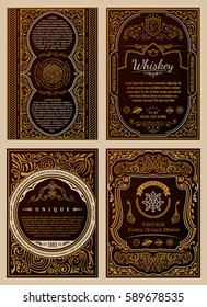 Vintage golden vector set retro cards. Template greeting card wedding invitation. Line calligraphic frames. Floral royal engraving. Design label advertising place for text. Flourishes frame background