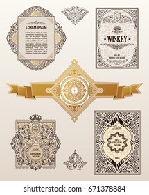 Vintage golden vector set retro cards. Template greeting card wedding invitation. Line calligraphic royal frames. Floral engraving design labels advertising place for text. Flourishes frame background