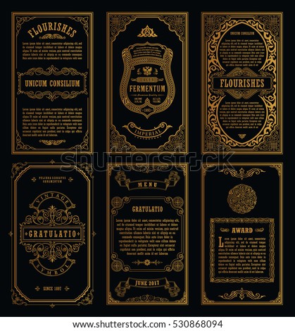 Vintage golden vector set retro cards. Template greeting card wedding invitation. Line calligraphic frames. Floral engraving design labels advertising place for text. Flourishes frame background