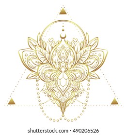 Vintage golden vignette in Oriental style. Line art element for design, isolated on white. Ornamental patterns for Golden stickers, flash temporary tattoo, mehndi and yoga design, boho, magic symbol.