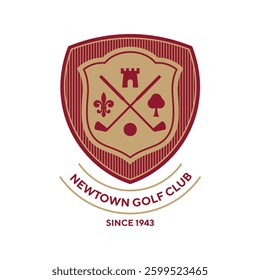 Vintage golf club badge icon logo vector illustration design. Golf country club with crossed stick, castle, tree, lily emblem logo